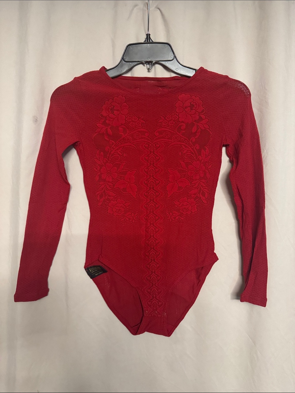 Wolford  Long-Sleeve Floral Net Bodysuit, Size S, Color Cherry Red